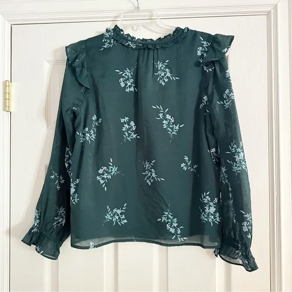 NWT J CREW Green Floral Ruffle Collar Long Sleeve Lined Top BK428 Shirt SMALL